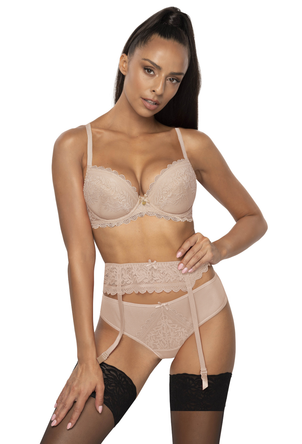 Set push-up bra beige Estelle M-0198/11/2 + thongs + suspender belt